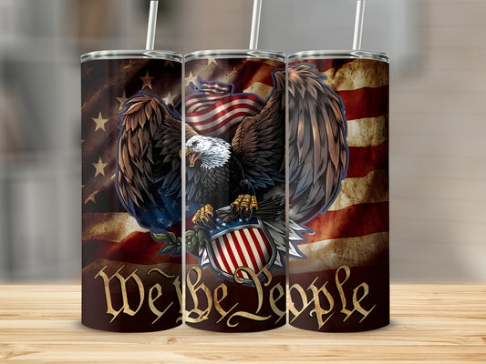 Eagle with shield and "We the People" text on patriotic background tumbler.