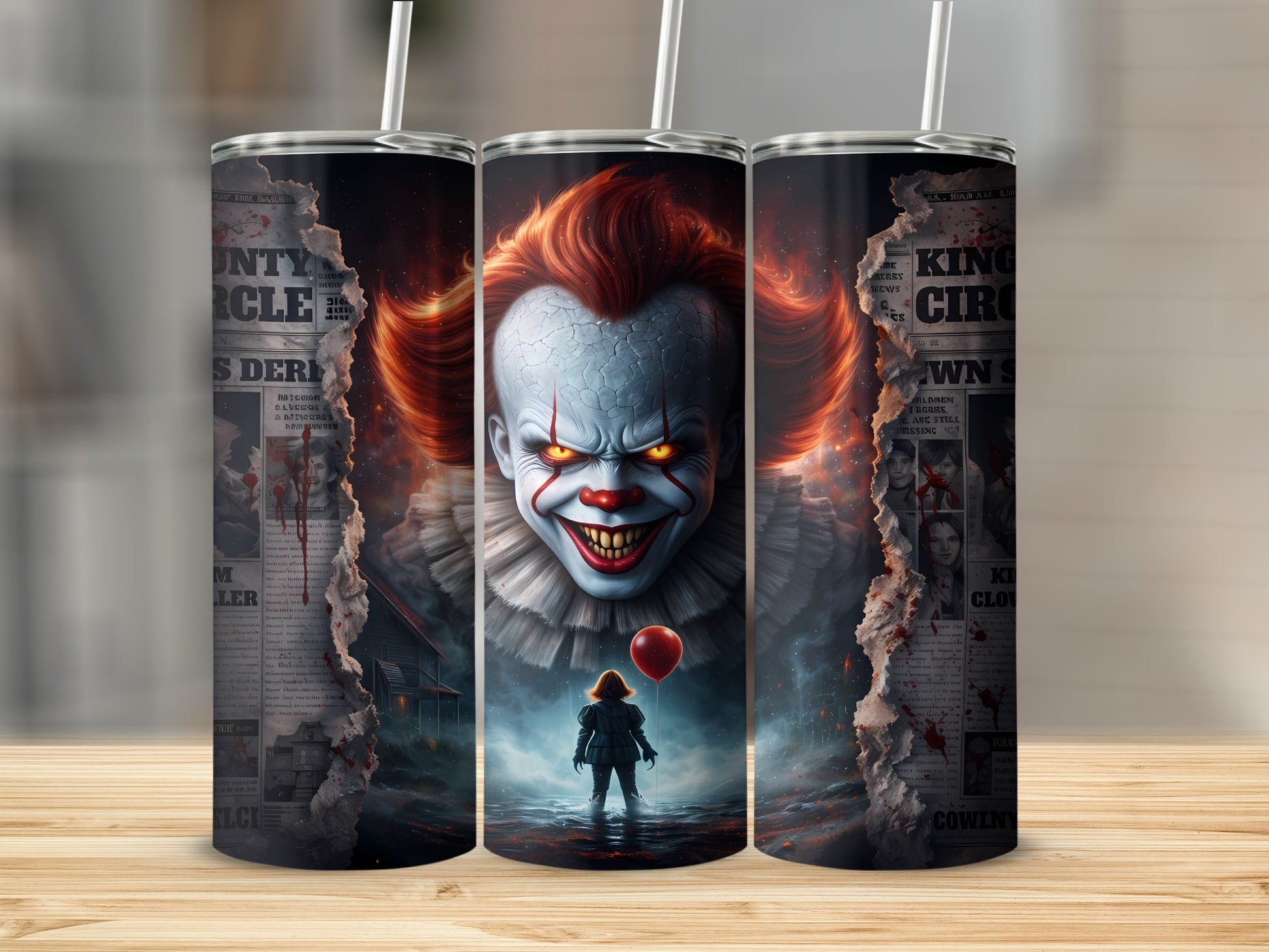 Three tumblers featuring Pennywise the clown and a child holding a red balloon.