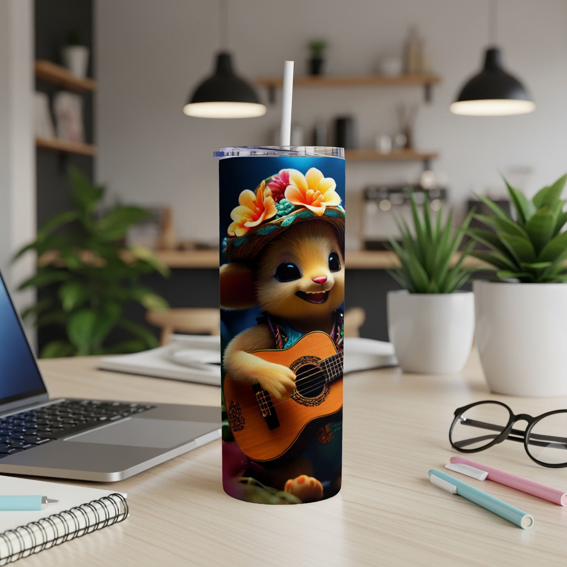 Cute cartoon cat with hat and flowers plays guitar on a tumbler.