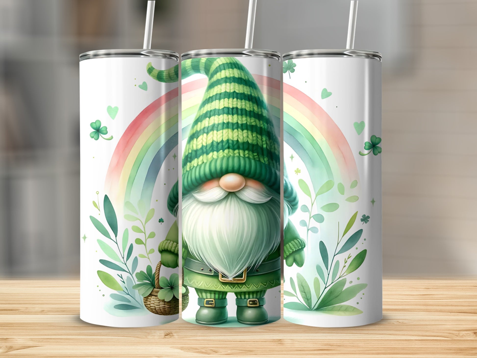 Leprechaun with rainbow and shamrocks on a tumbler.