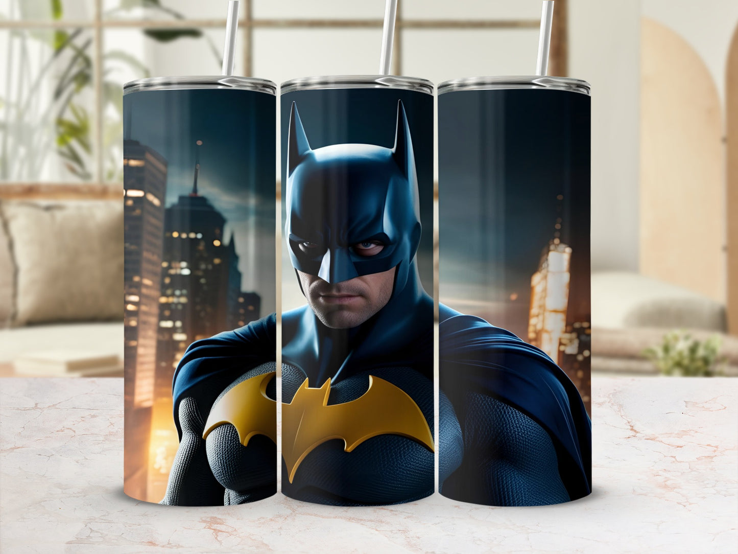 Batman character with city skyline on a metal tumbler.