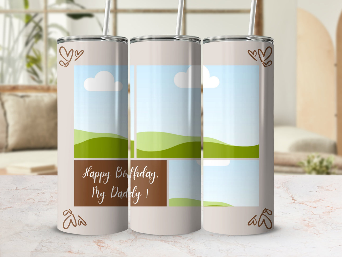 Three tumblers with a brown graphic of hearts and text "Happy Birthday, My Daddy!".