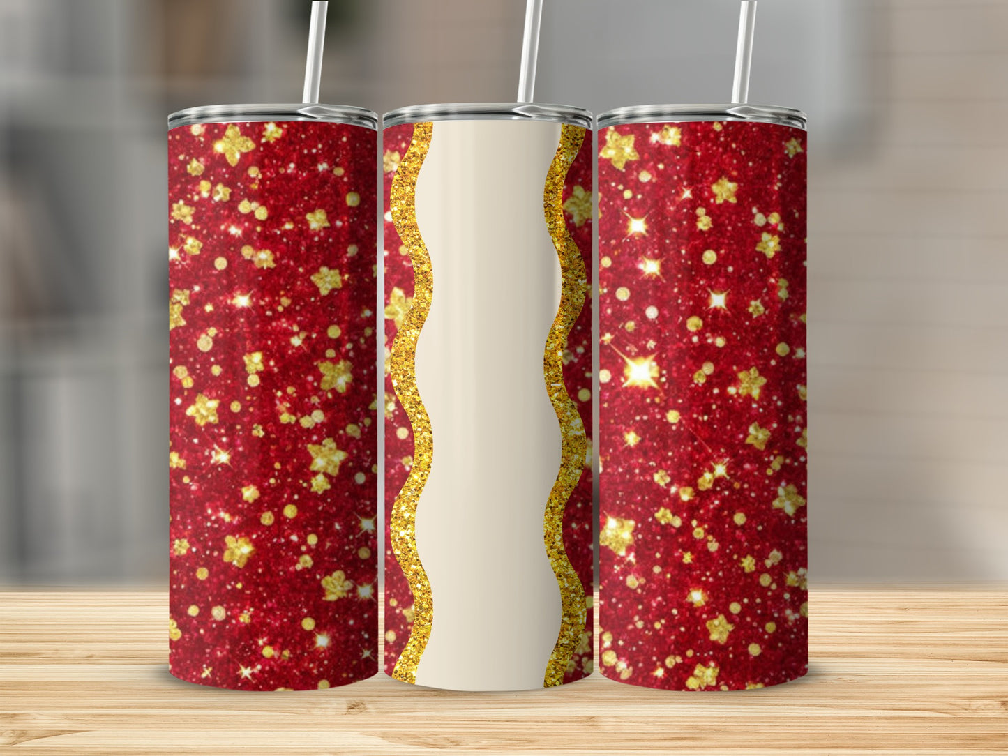 Red glitter tumbler with gold stars and a cream wavy stripe.