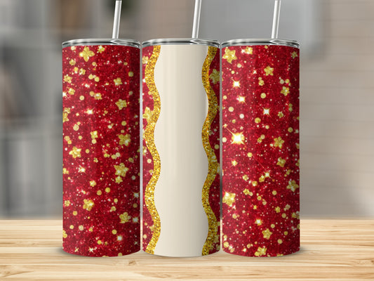 Red glitter tumbler with gold stars and a cream wavy stripe.