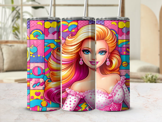 Pink and yellow Barbie tumbler with colorful, geometric patterns and polka dots.