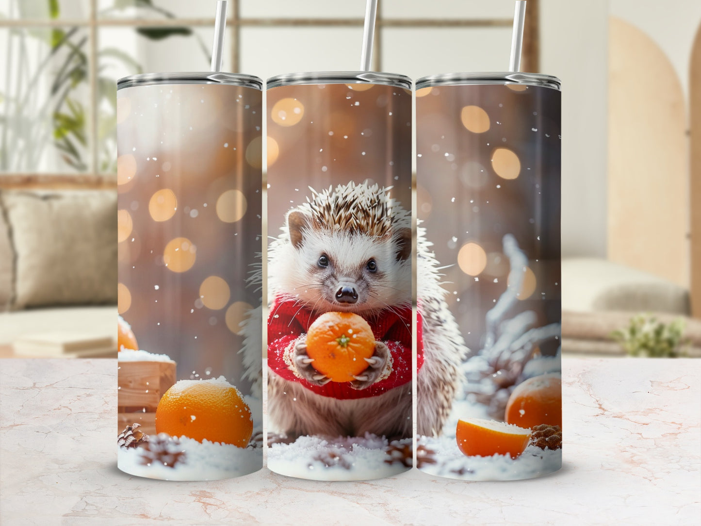 Cute Hedgehog Holding Orange Design Tumbler