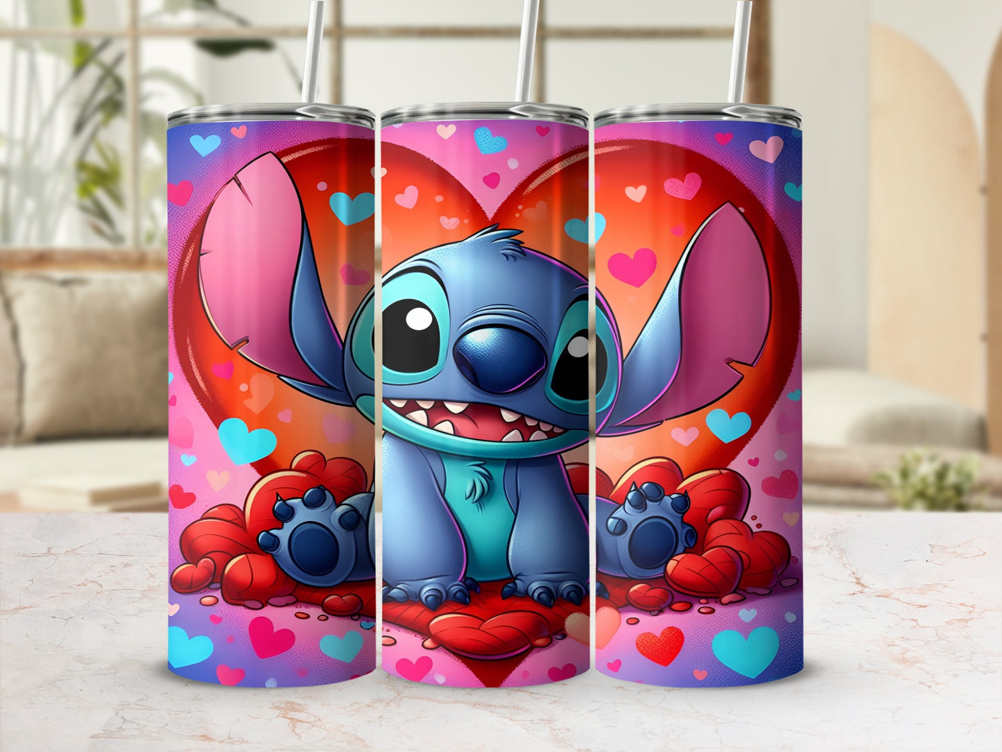 Stitch character surrounded by hearts on a pink and purple gradient tumbler.