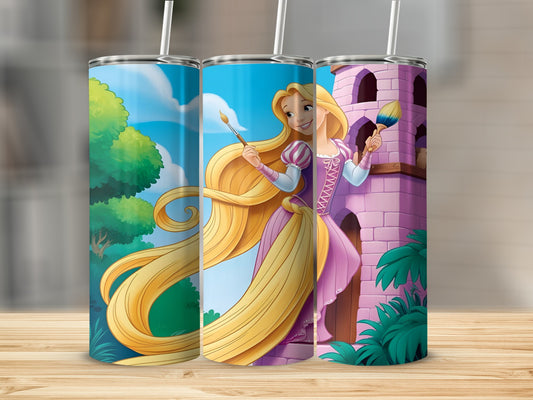 Rapunzel painting with her long blonde hair and a pink tower.