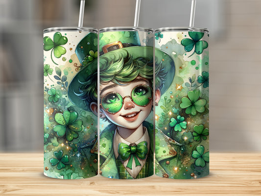Green leprechaun with clovers on a cylindrical tumbler.