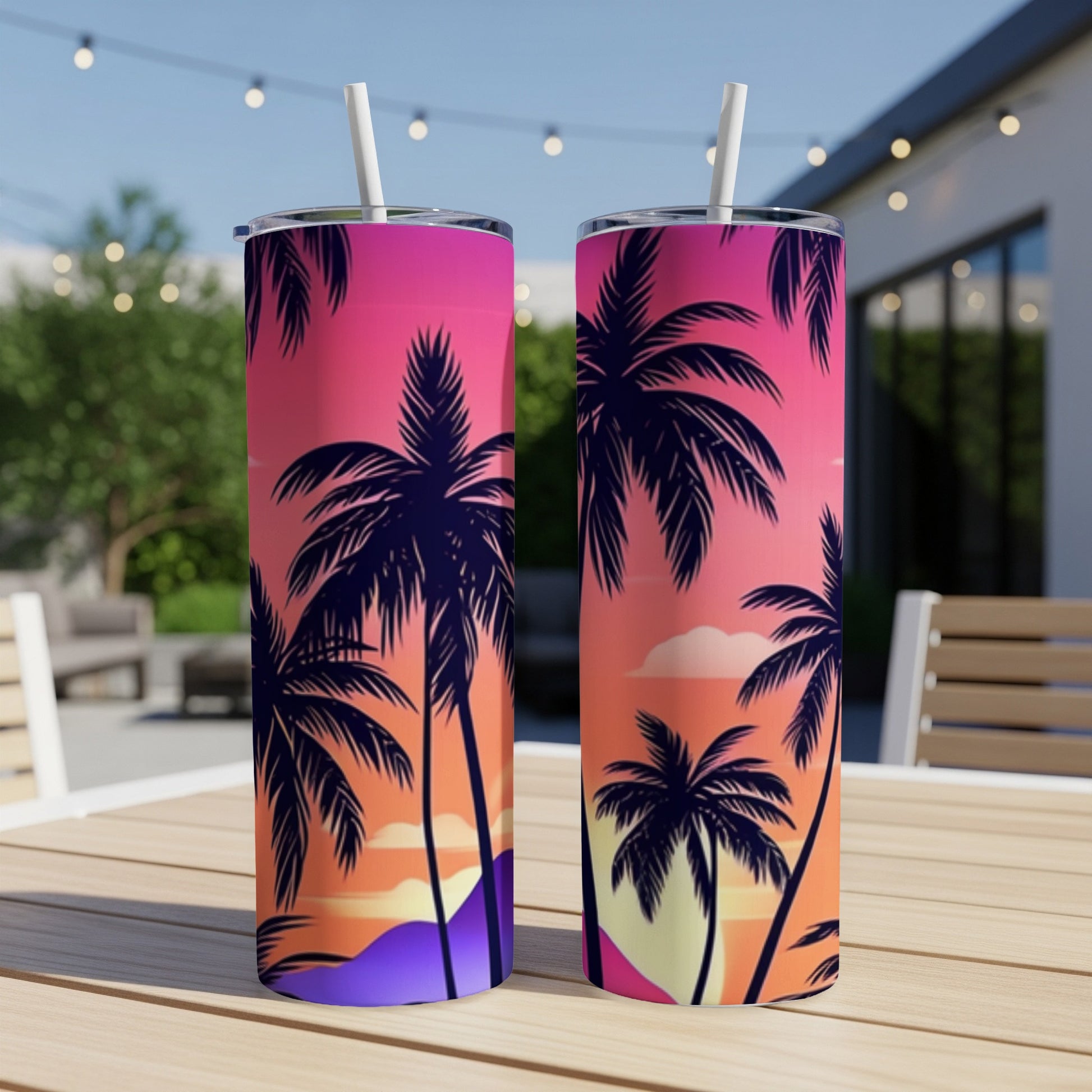 Two tall tumblers with a vibrant sunset and palm tree design.