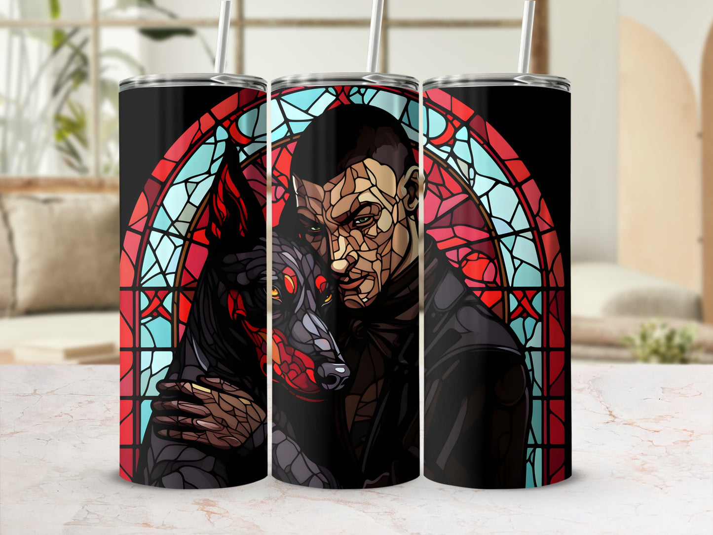 Three tumblers featuring stained glass art of a man and a wolf.