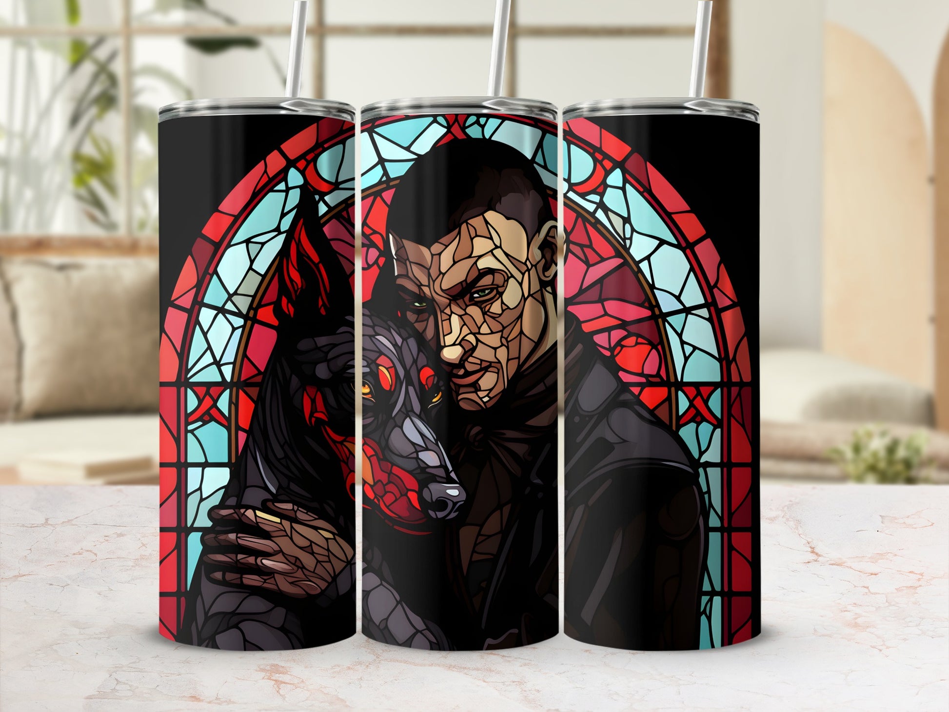 Three tumblers featuring stained glass art of a man and a wolf.