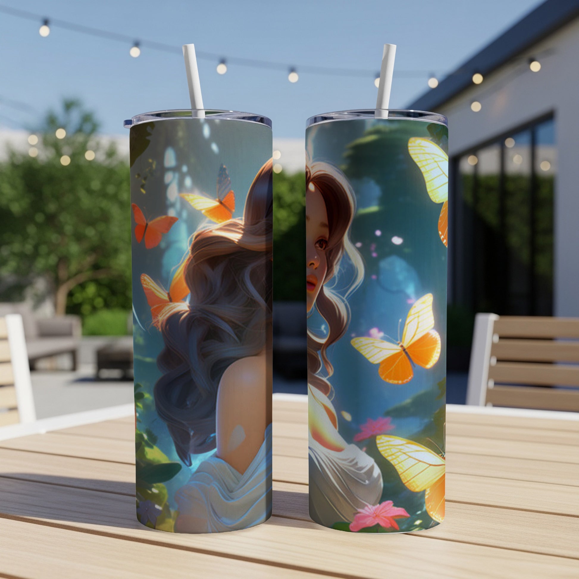 Two tumblers featuring a woman with butterflies and flowers, set outdoors.