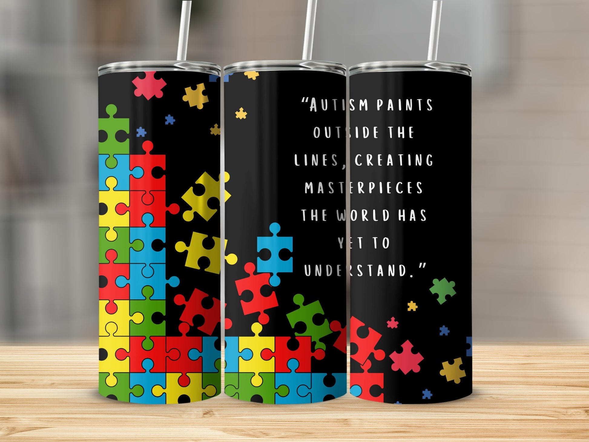 Colorful Autism Puzzle Design Tumbler with Inspiring Quote