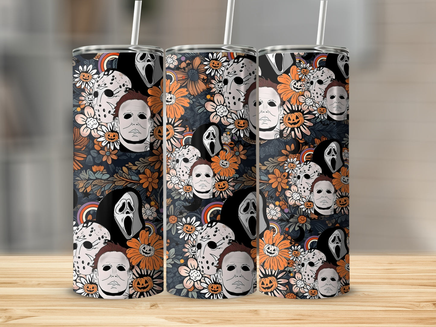 Tumblers with a horror movie character and floral pattern.