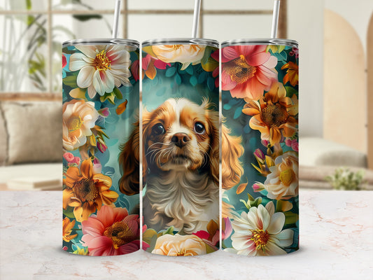 Trio of dog tumblers with floral designs.