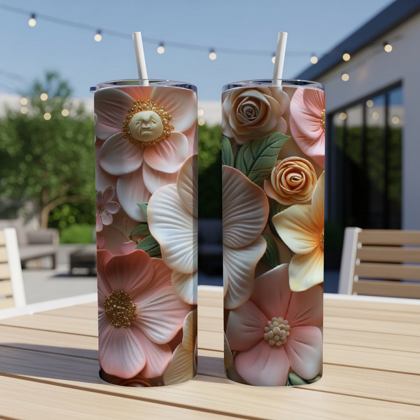 Two tall tumblers with raised floral designs in shades of pink and peach.
