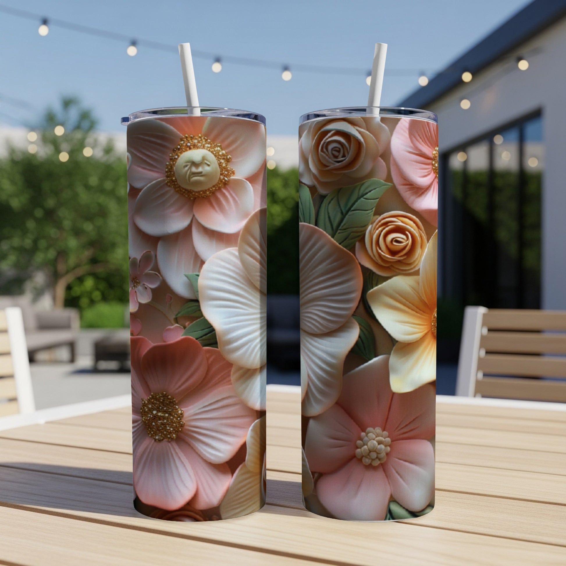 Two tall tumblers with raised floral designs in shades of pink and peach.