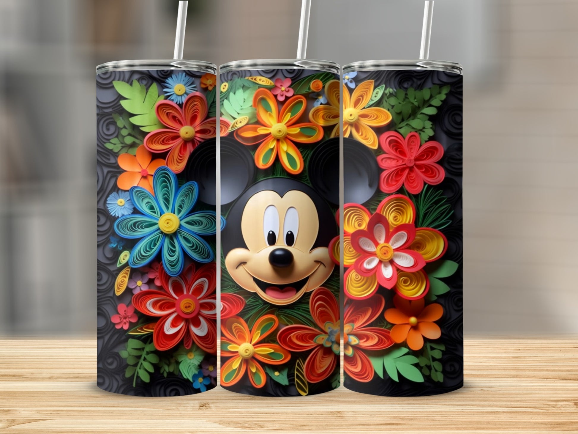 Colorful Floral Design Tumbler with Mickey Mouse