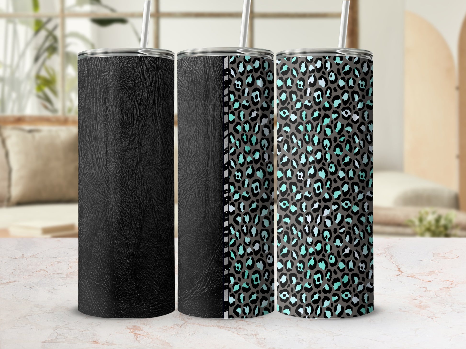 Three tumblers: black, patterned stripe, and mint leopard print.