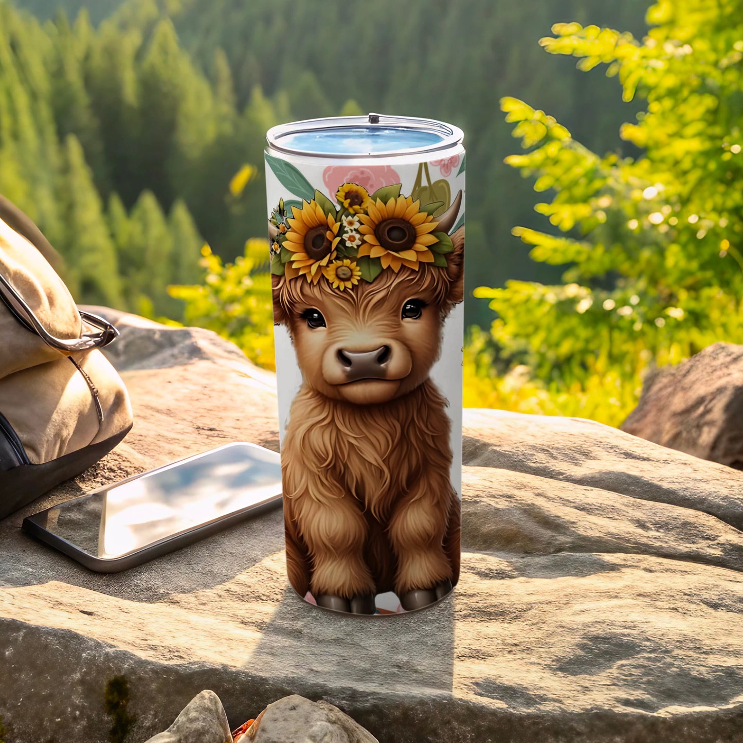 Adorable Highland Cow with Sunflower Crown Tumbler