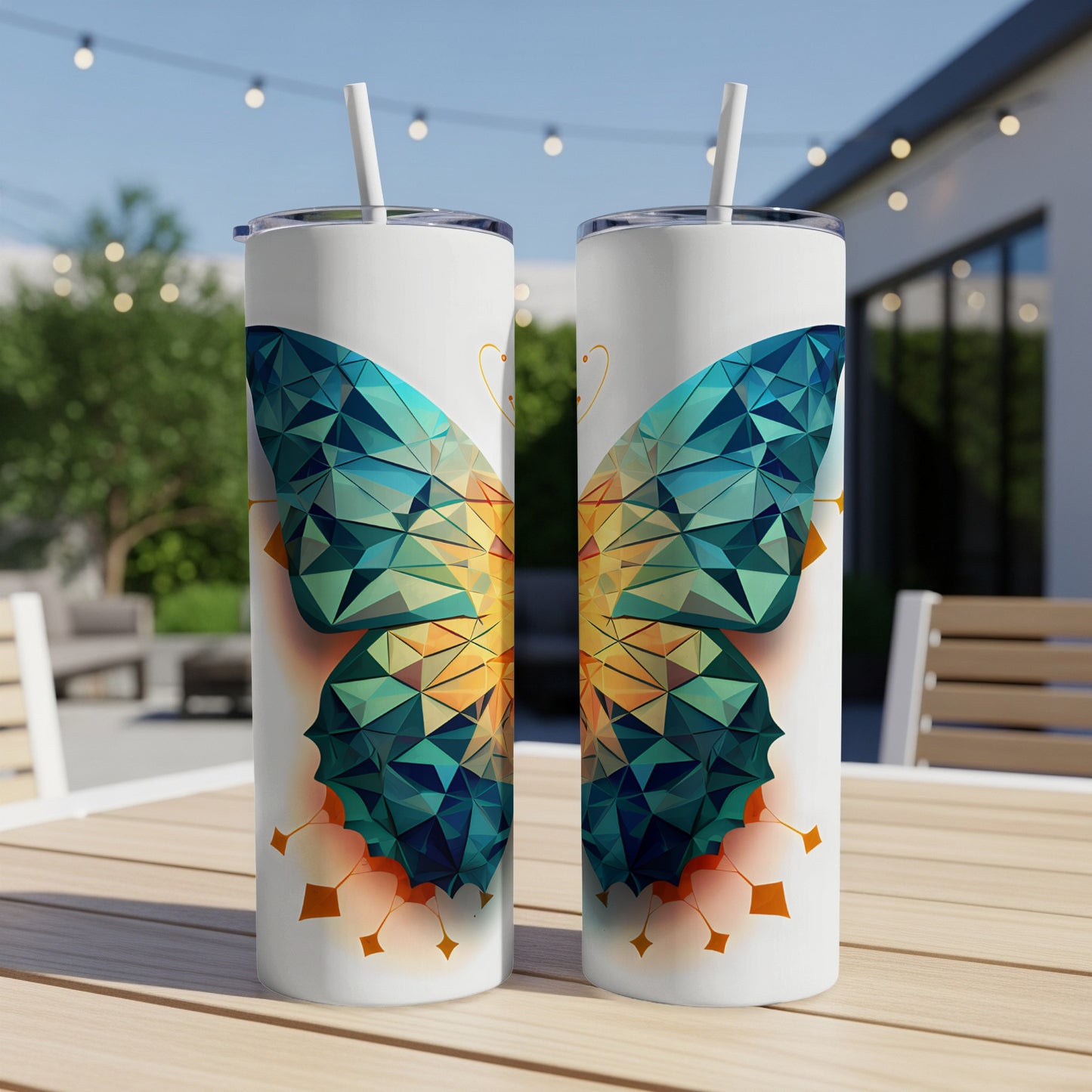 Two tumblers featuring a geometric blue and orange butterfly design.