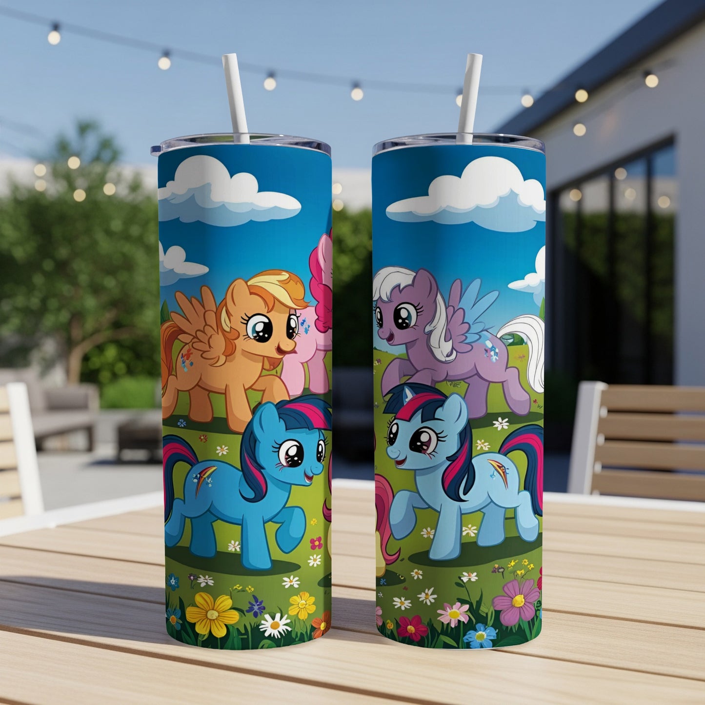 My Little Pony characters on a colorful outdoor tumbler with straw.