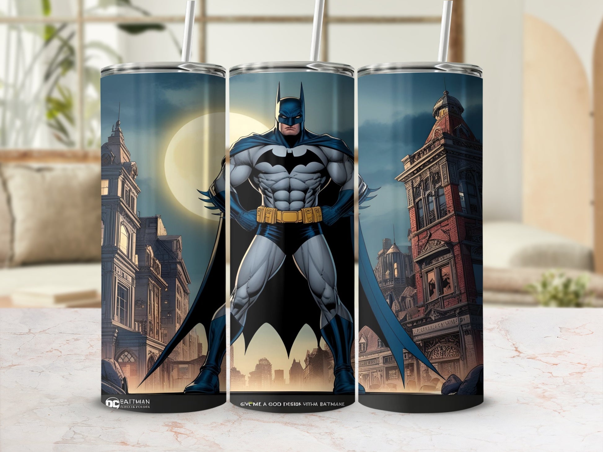 Batman standing in a city at night with a full moon.