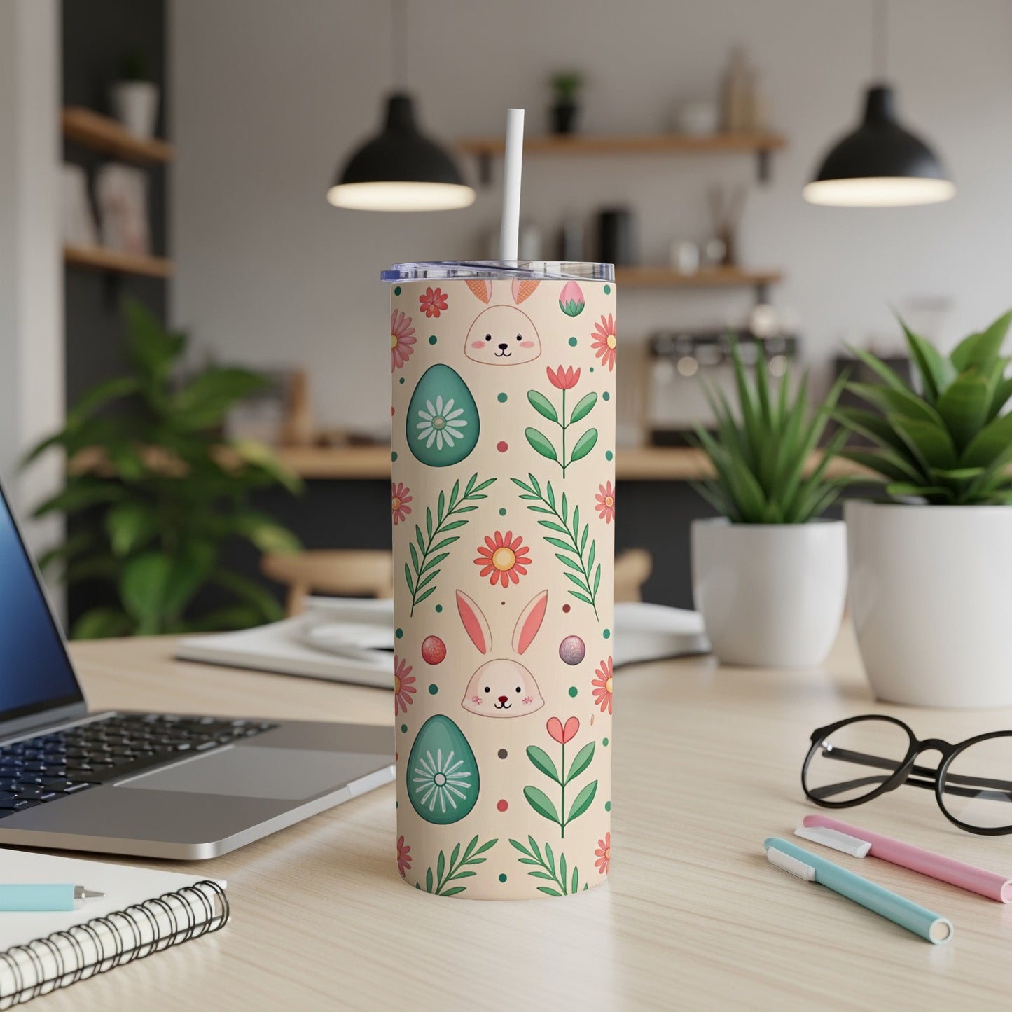 Pale beige tumbler with Easter bunnies, eggs, and flowers pattern.