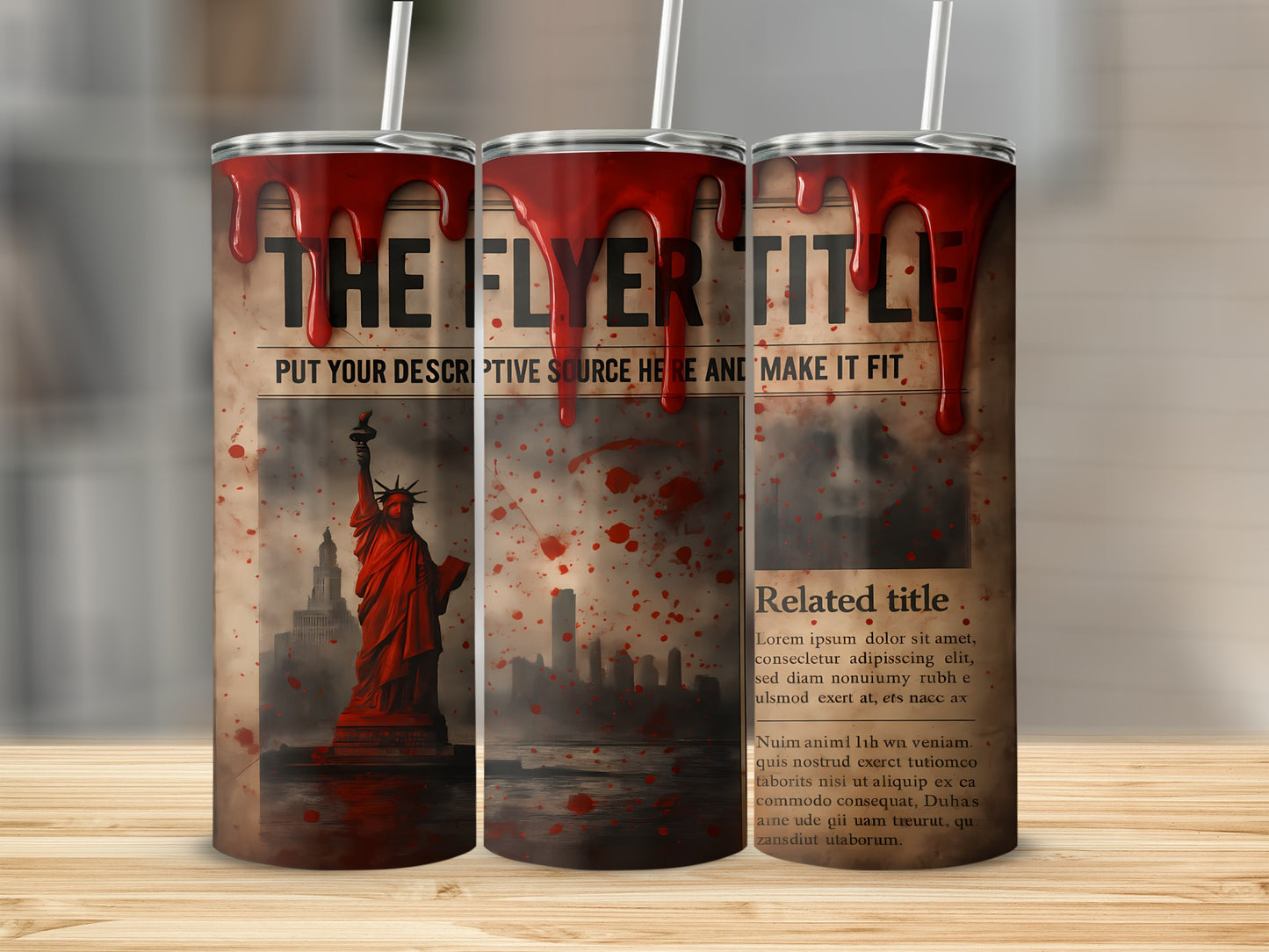 Tumbler with red dripping paint, Statue of Liberty, and cityscape on newspaper design.