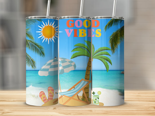Colorful Tropical Beach Scene with Good Vibes Tumbler