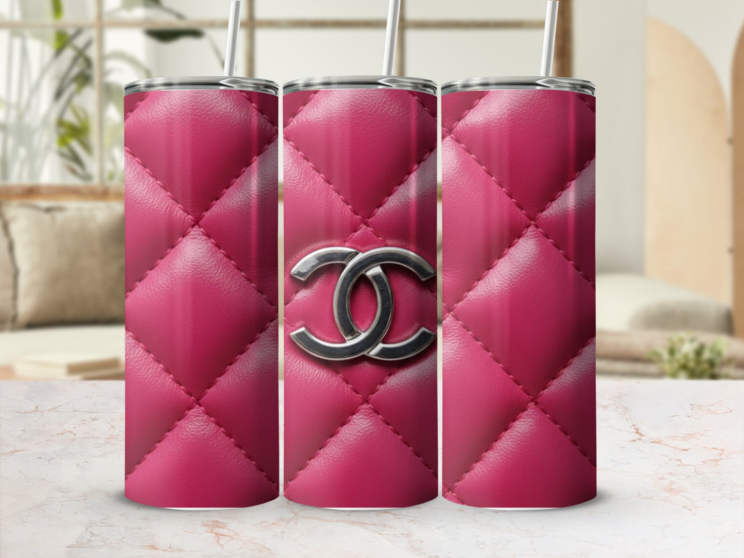 Pink Quilted Design With Silver CC Logo Tumblers