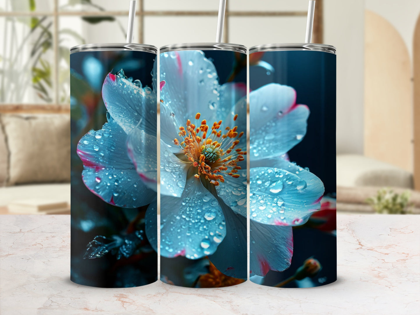 Three tumblers featuring a close-up of a dew-covered white flower.