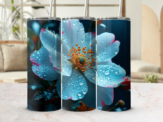 Three tumblers featuring a close-up of a dew-covered white flower.