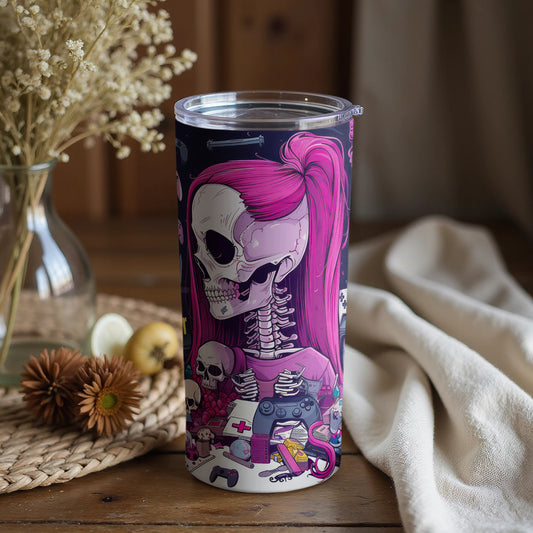 Skeleton Gamer with Pink Hair Cool Graphic Tumbler