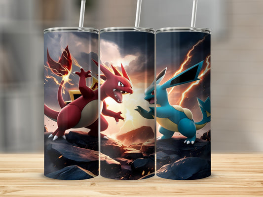 Charizard and Greninja in battle on a rocky surface with a stormy sky.