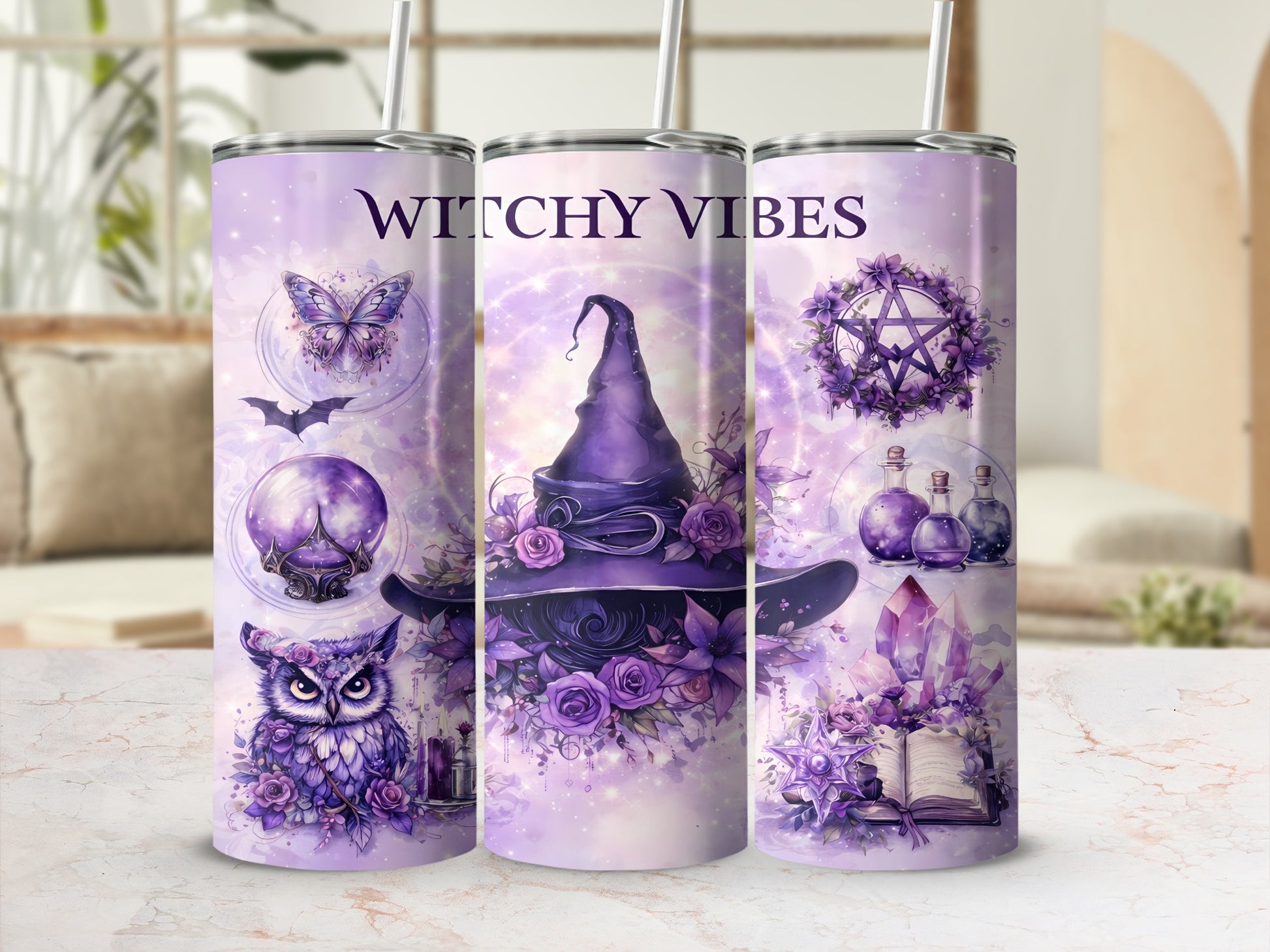 Purple Witchy Vibes tumbler with owl, crystals, potion bottles, witch hat, and butterfly.