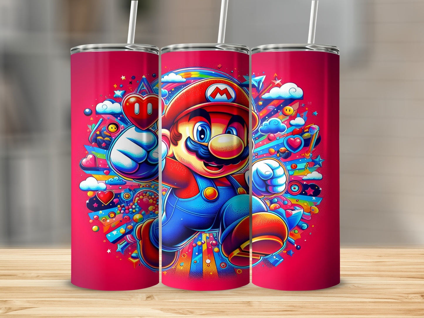 Super Mario running with colorful background and hearts, on a pink tumbler.