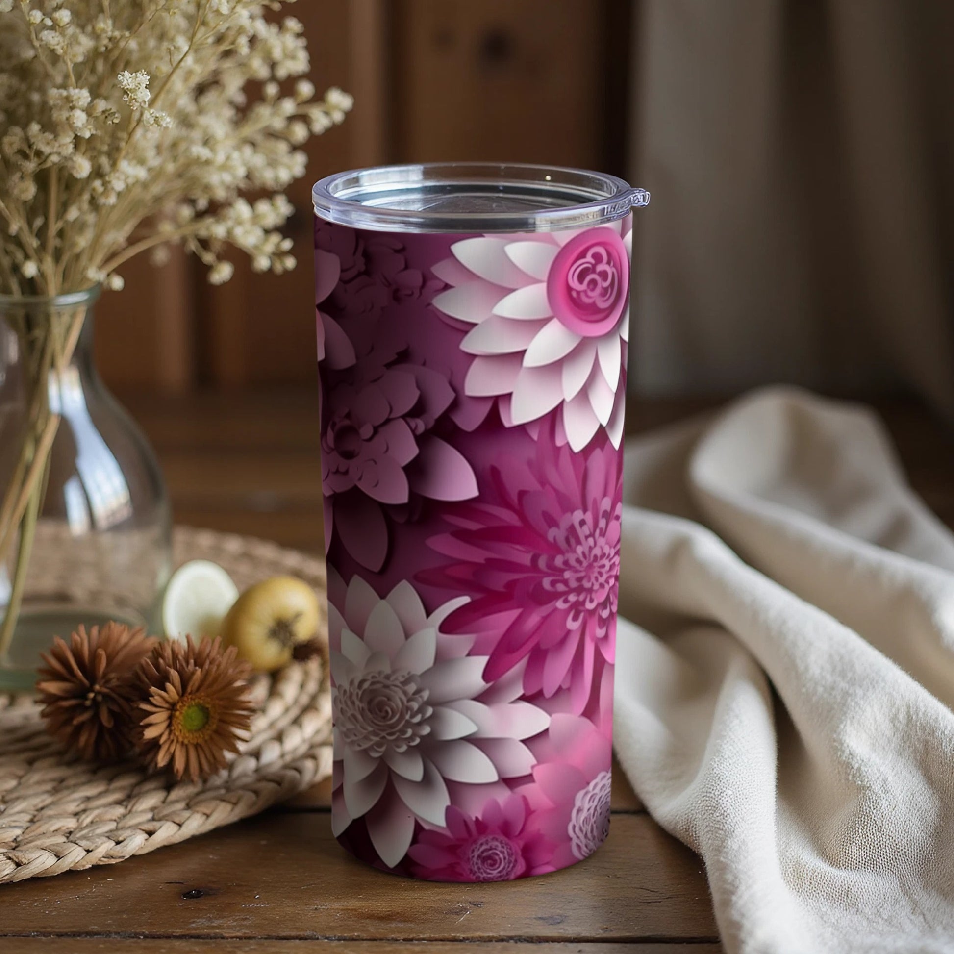 Floral Pattern Pink and Purple Insulated Tumbler Cup
