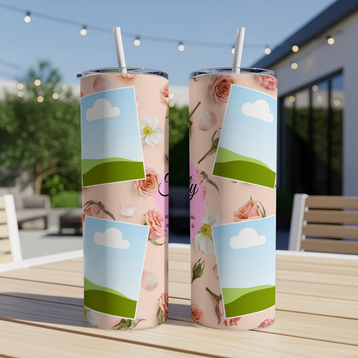 Floral tumbler with photo frames and text "Simply... is us, every day."