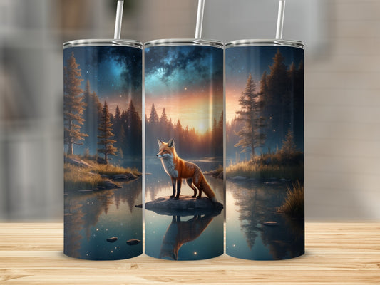 Fox on rock in forest by lake with starry sky reflection.
