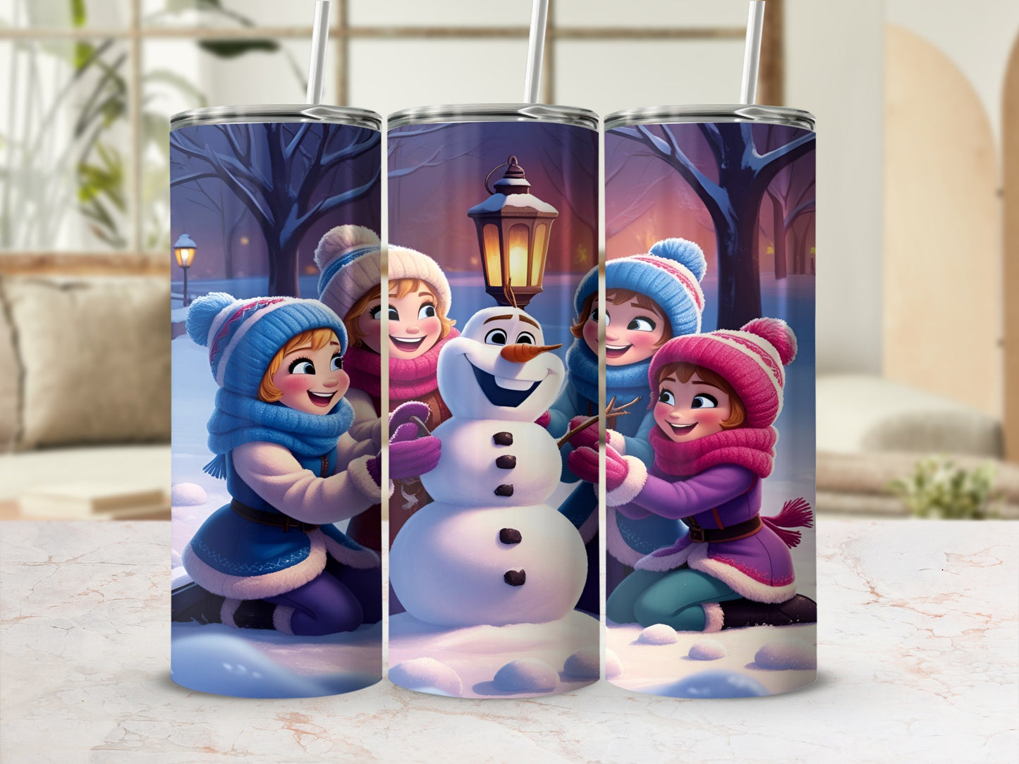 Children in winter hats and coats building Olaf the snowman in a snowy park.