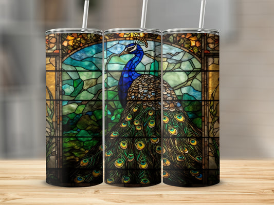 Stained glass peacock design on three tumblers.