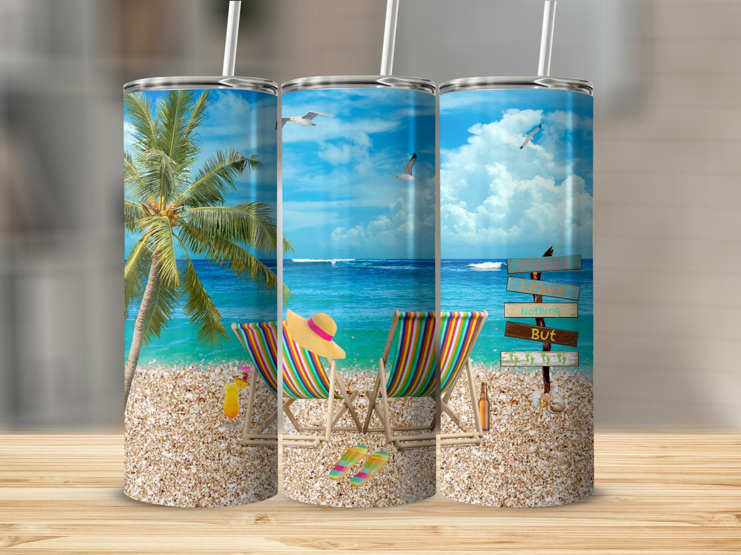 Beach scene with chairs, palm tree, and ocean vista.