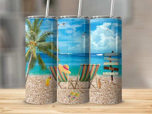 Beach scene with chairs, palm tree, and ocean vista.
