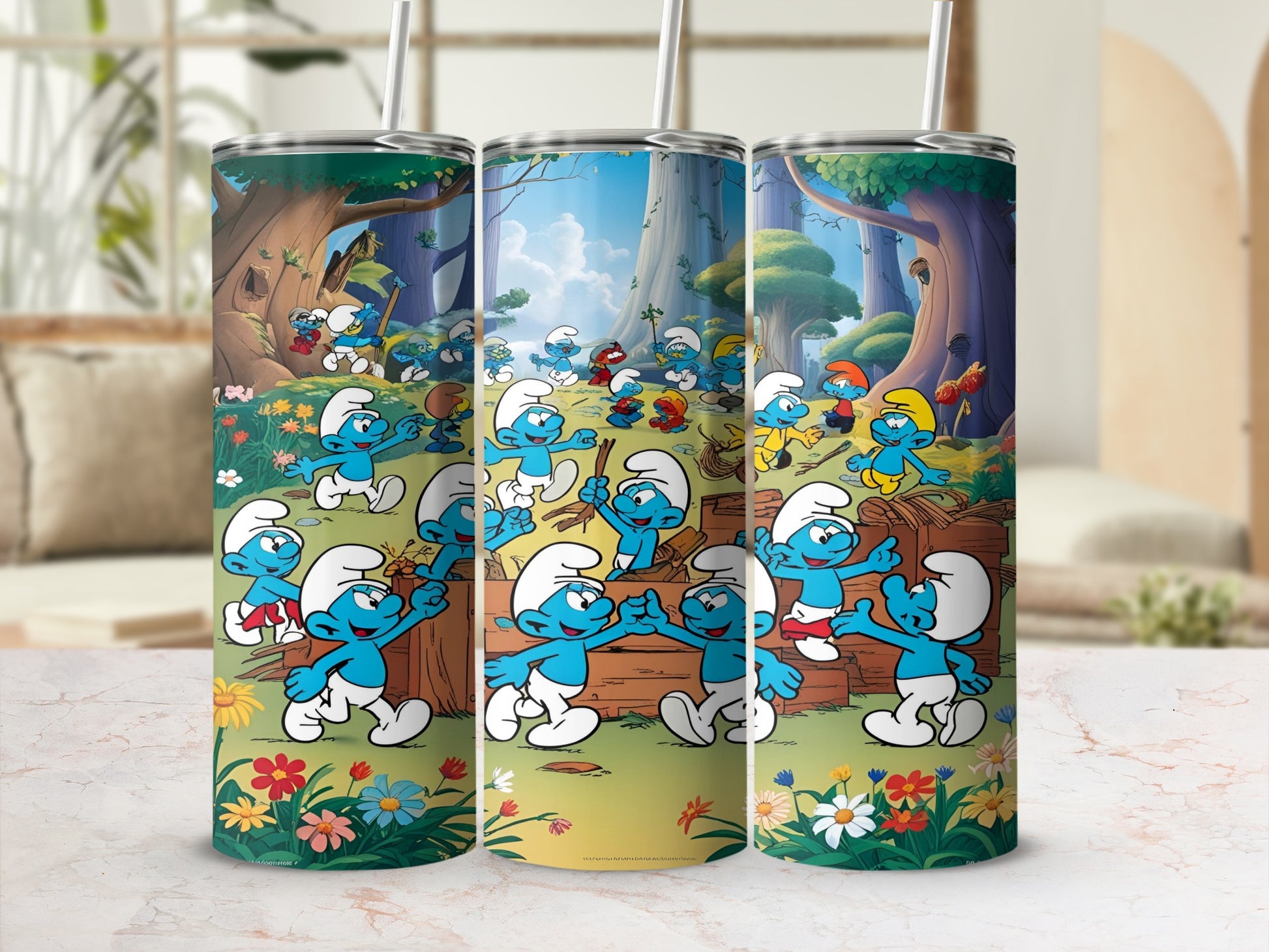 Smurfs celebrating and playing in a forest with flowers.