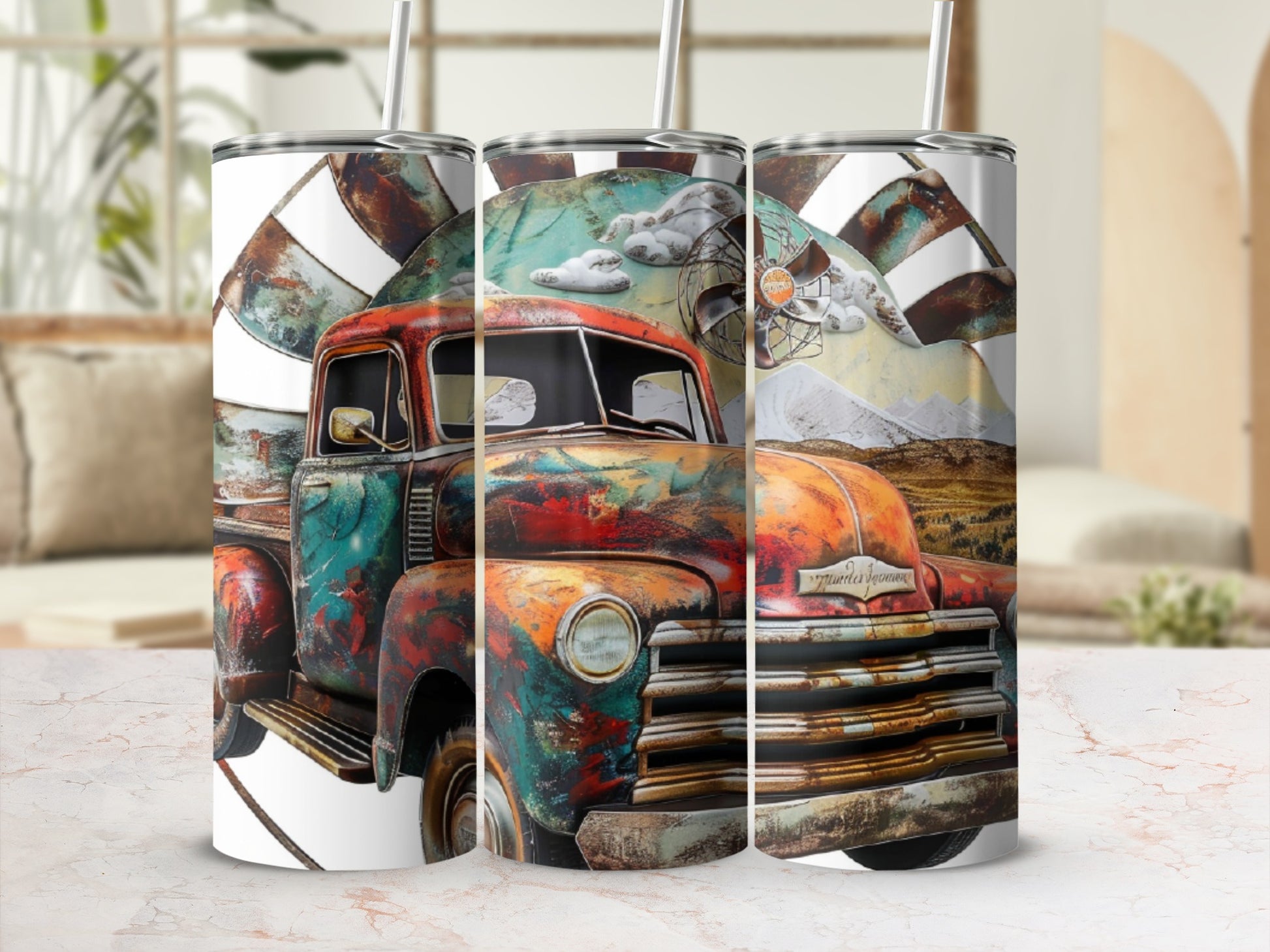 Rustic truck with colorful patina, vintage fan, and mountainous landscape design on a tumbler.