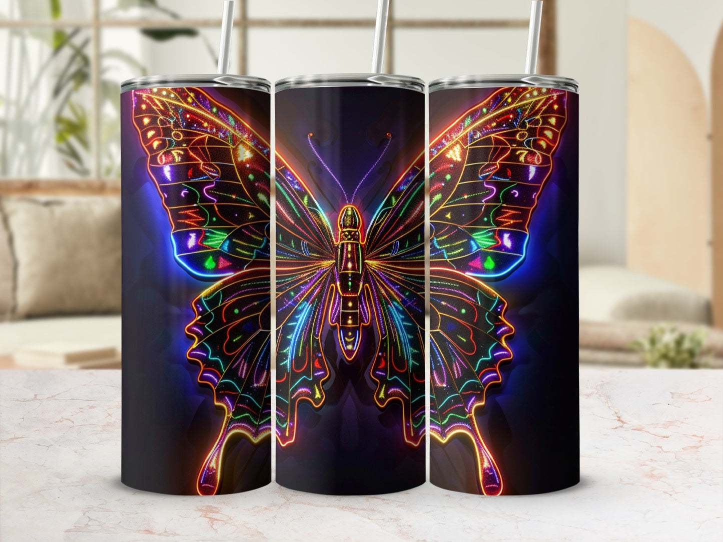 Tumbling tumbler with neon butterfly design.