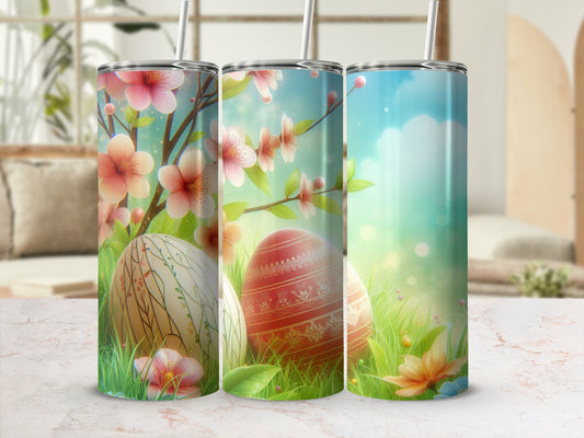 Easter-themed tumbler with painted eggs and cherry blossoms.