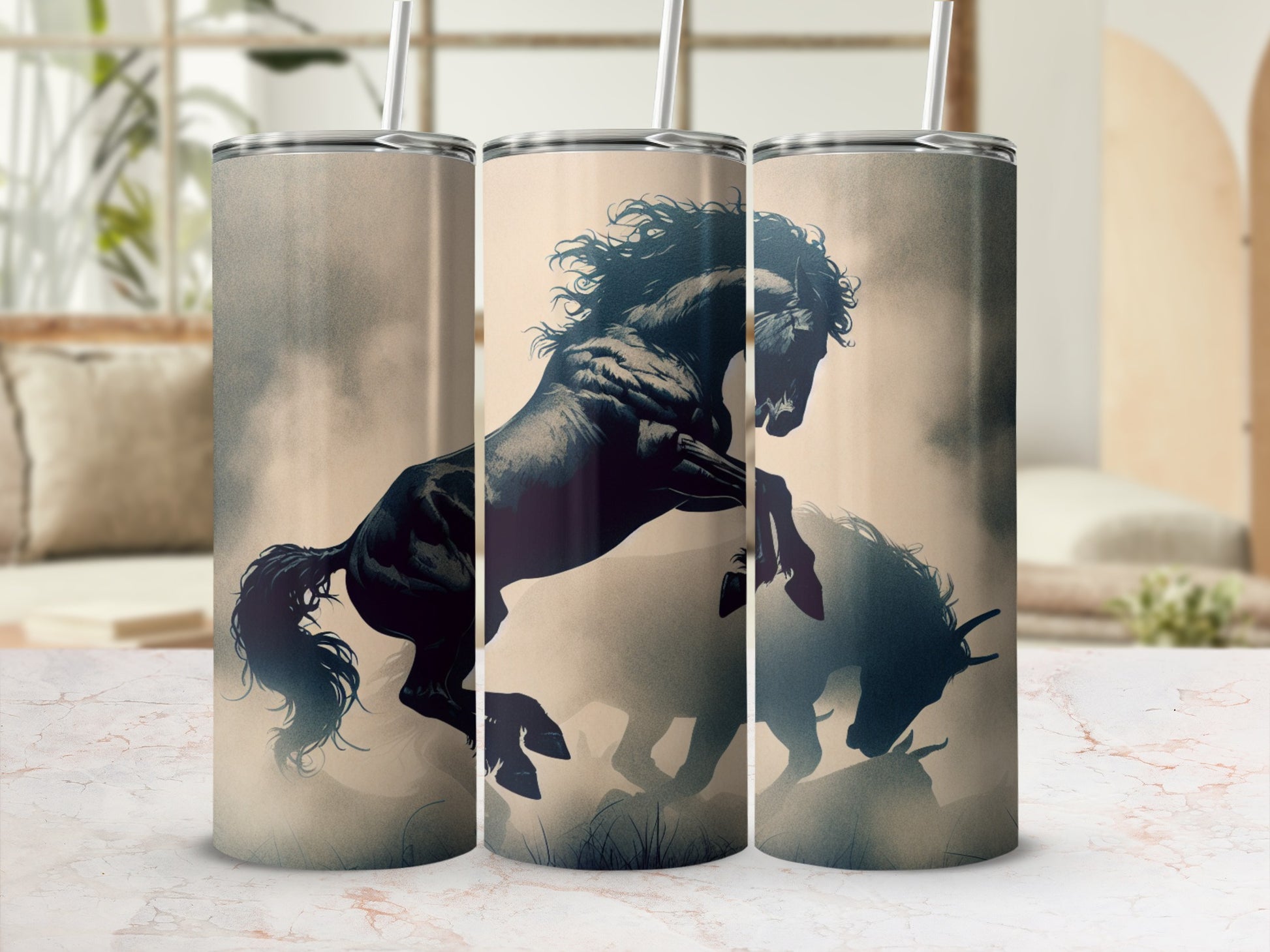 Three tumblers featuring a dark horse rearing against a dusty background.